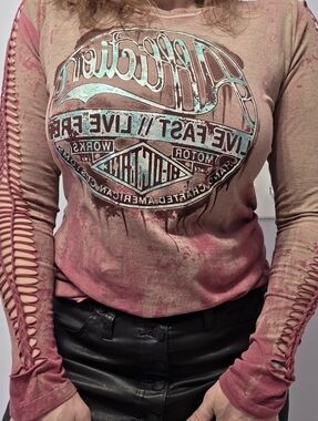 Affliction Burgundy and Pink Long Sleeve Lace-Trim Graphic Tee - Never Worn